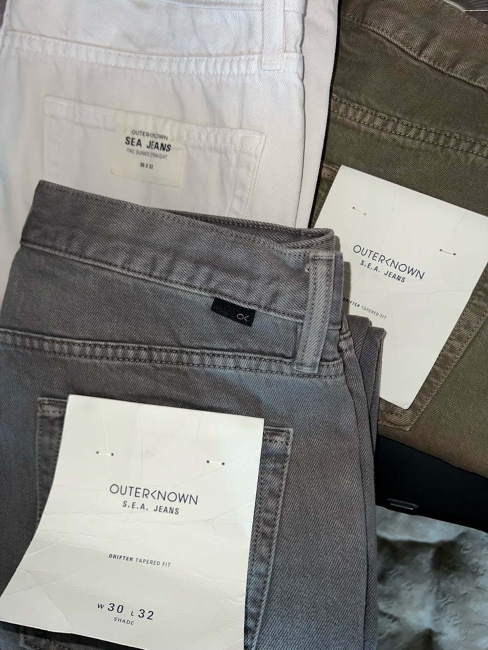 OUTERKNOWN 30x32 Men’s Gray, Cream and Moss Tapered Jeans - Sea Jeans - Lot of 3